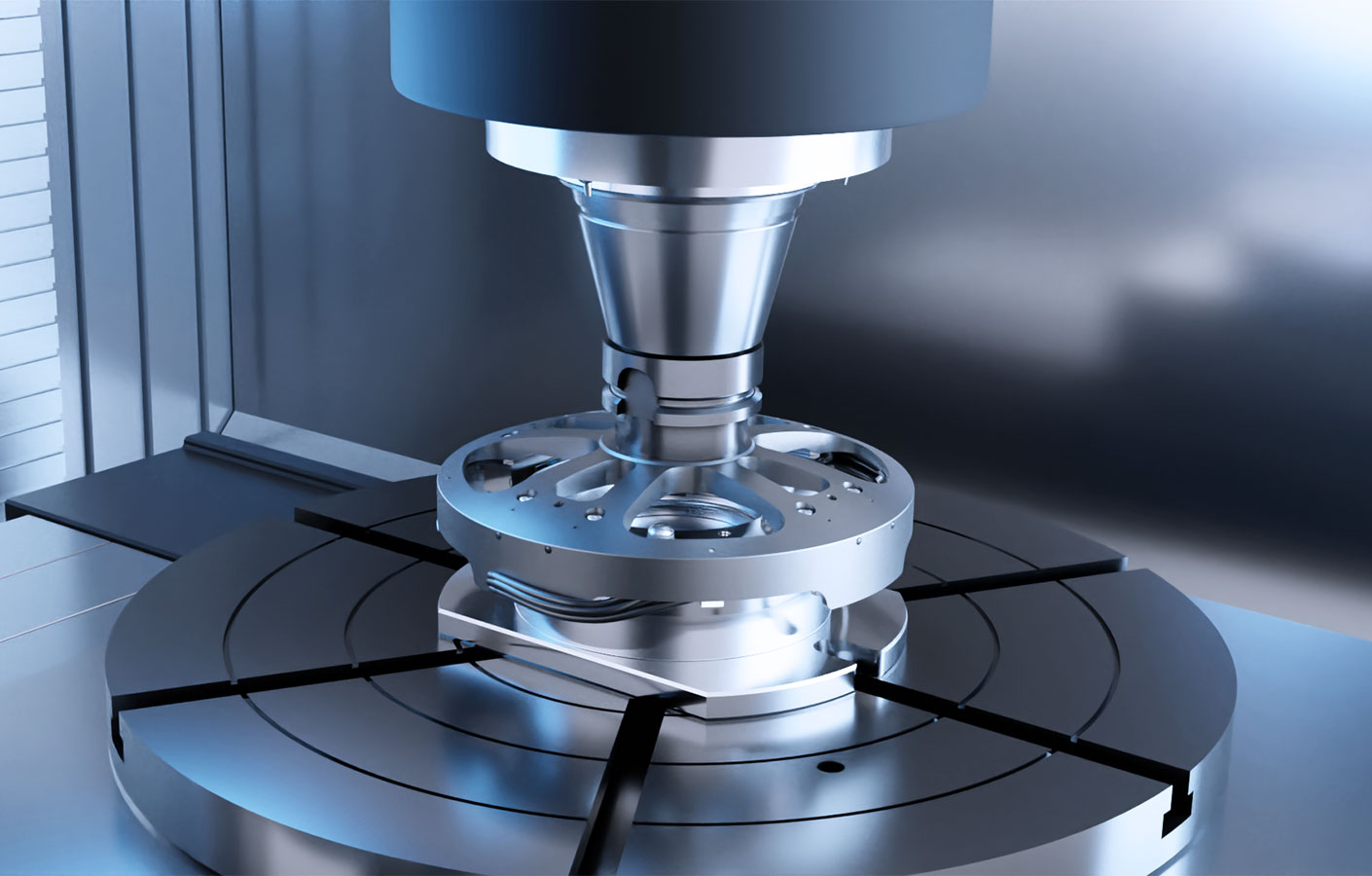 Referenzmessgerät HEIDENHAIN RVM 4000 Messaufbau zur Prüfung einer Rundachse auf einem Maschinentisch unter rotierender Messaufnahme