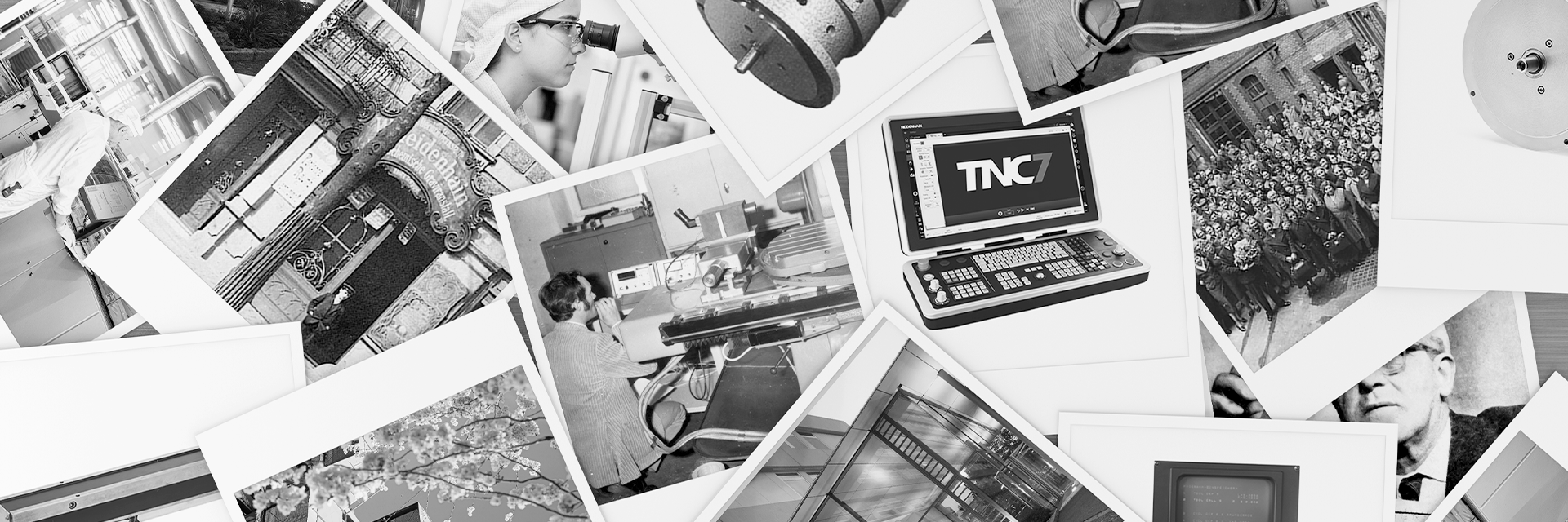 Historische und aktuelle Eindrücke aus der Unternehmensgeschichte Collage aus historischen Maschinen, Fertigungsszenen, Messgeräten, Steuerungen und Archivaufnahmen